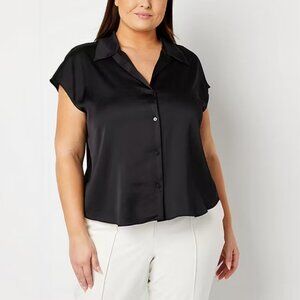 Worthington Short Sleeve Satin Blouse Black XXL